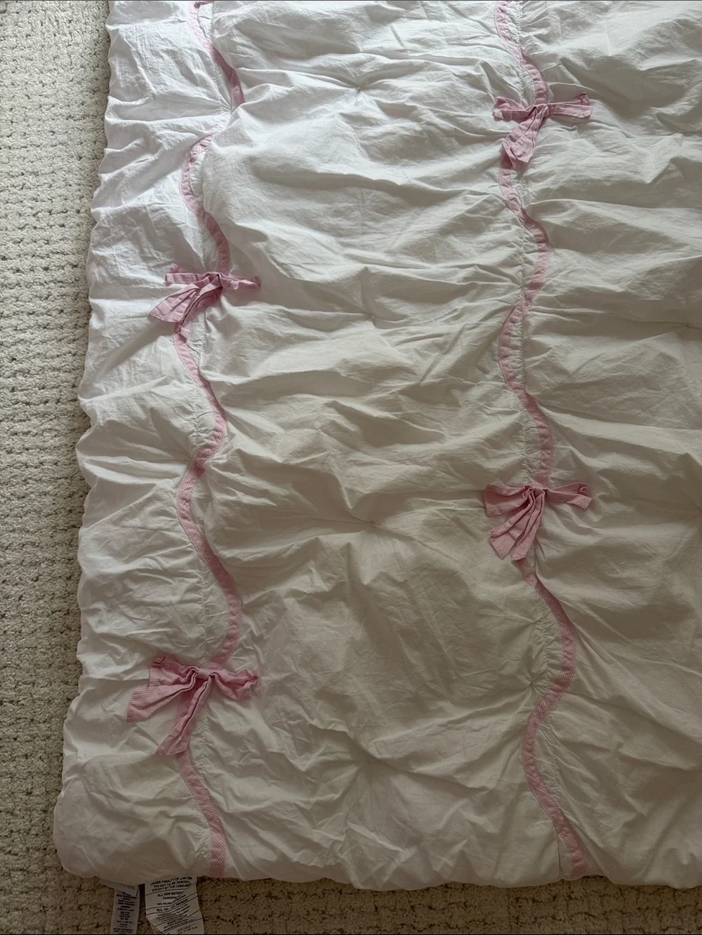Pottery Barn Kids White comforter with Pink Stripe Ribbon Bows